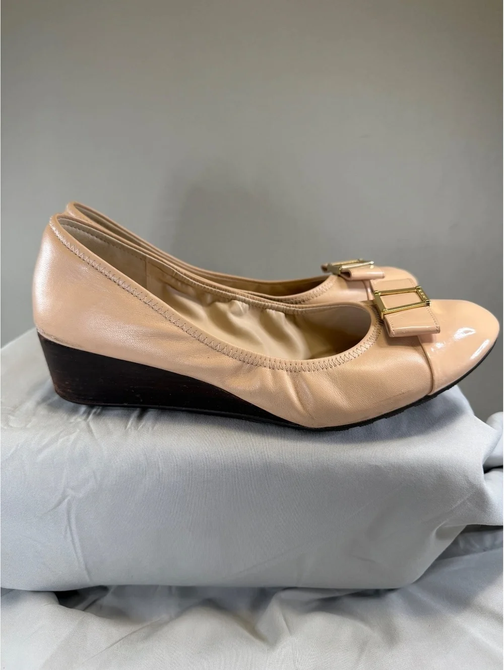 Cole Haan Beige Leather Wedge Heels with Bow Detail